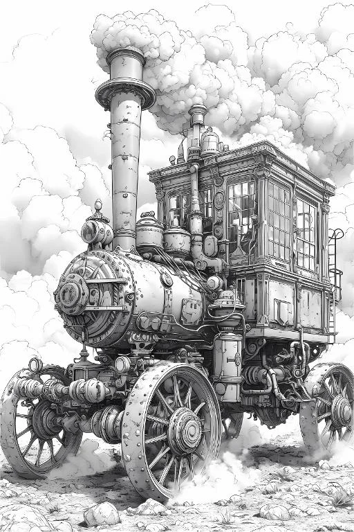 Steampunk-style steam locomotive, intricate mechanical details including pipes — free printable coloring page