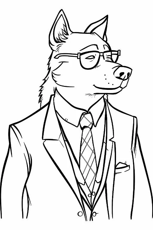 Anthropomorphic wolf wearing glasses, suit — cartoon style — moderate detail — line art coloring page — for kids and adults of all ages