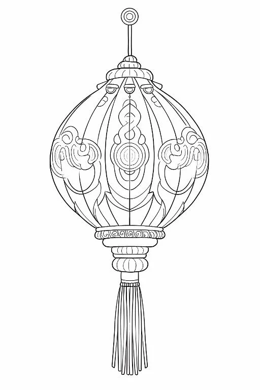 Traditional chinese lantern with cloud patterns and tassels, chinese style — moderate detail — line art coloring page — for kids and adults of all ages