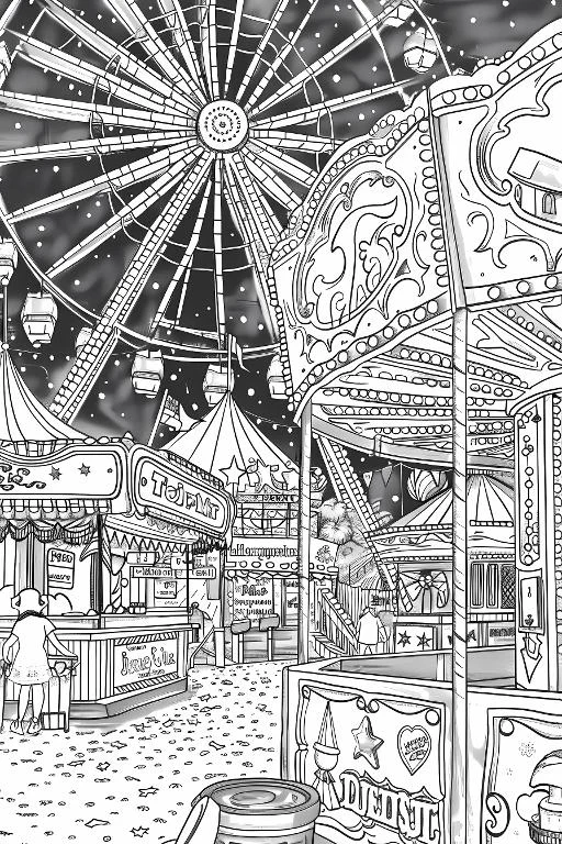 Night amusement park market scene, large ferris wheel in the background — realistic style — highly detailed — line art coloring page — for kids and adults of all ages