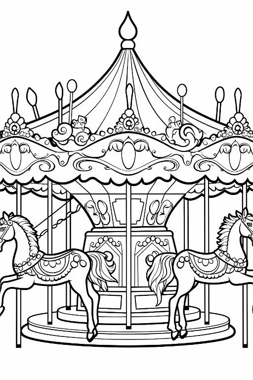 Ornate carousel with two decorated horses, cartoon fairy tale style — cartoon style — moderate detail — line art coloring page — for kids and adults of all ages