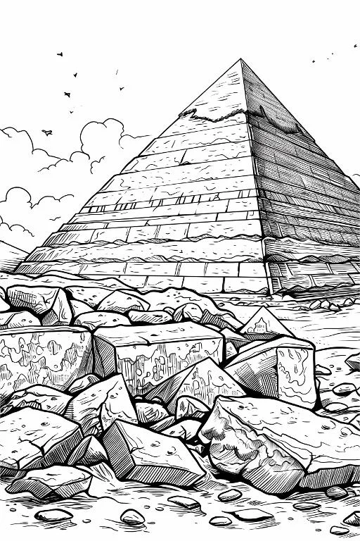 Egyptian pyramid with scattered rocks, realistic sketch style — free printable historical architecture coloring book page