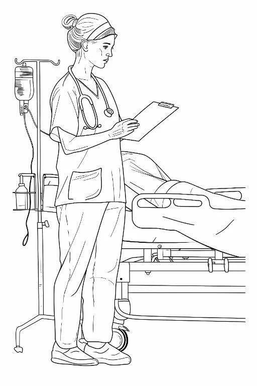 Nurse in hospital setting, realistic style — free printable medical coloring book page