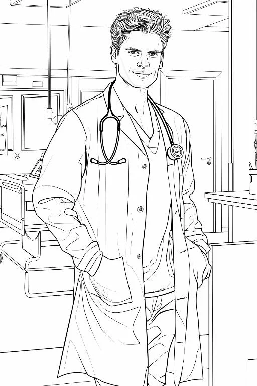 Male doctor with stethoscope wearing lab coat, hospital ward background with bed and counter — free printable medical coloring book page