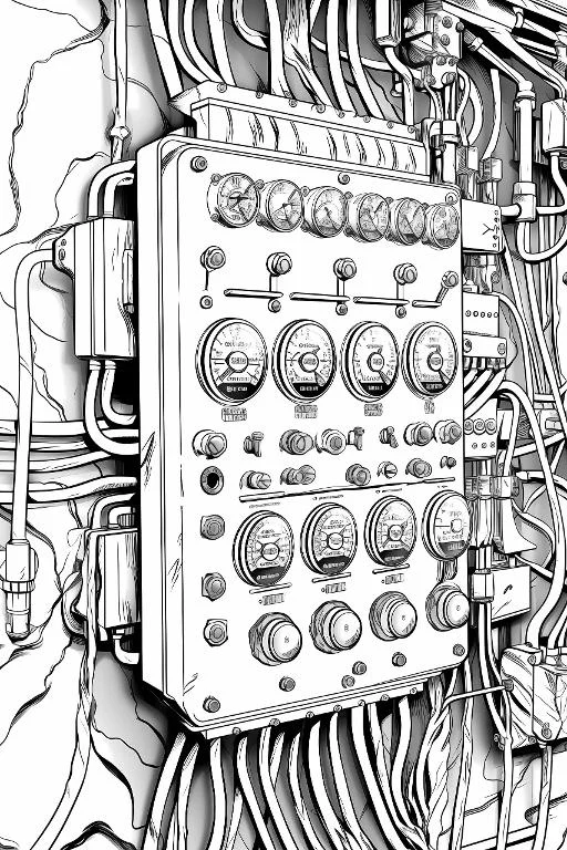 Industrial control panel, realistic line art style — free printable coloring page
