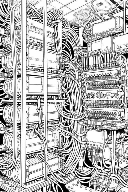 Server rack with dense tangled cables, realistic mechanical industrial style — free printable industrial machinery coloring book page