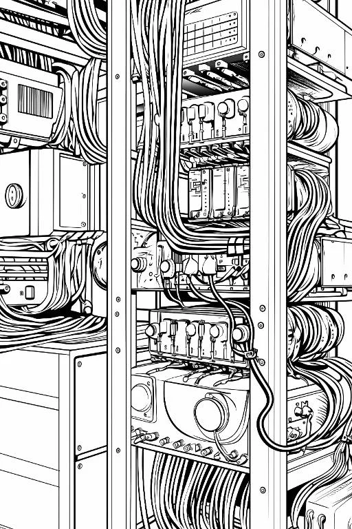 Server rack with dense tangled cables and electronic control panels, realistic sketch style — realistic style — highly detailed — line art coloring page — for teens and adults
