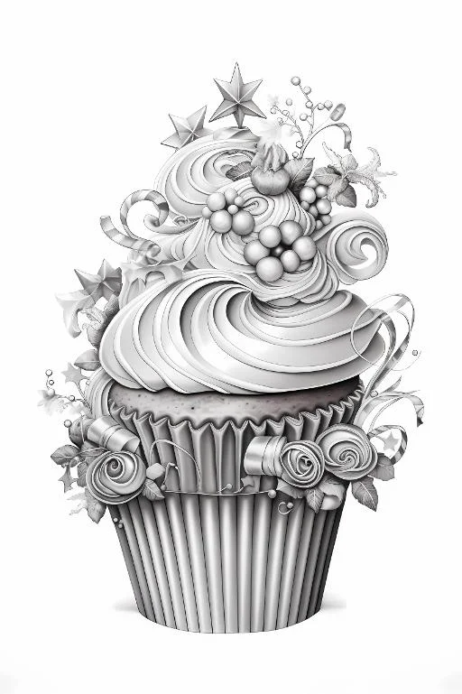 Ornate decorated cupcake with whipped cream, realistic illustration style — free printable festivals coloring book page