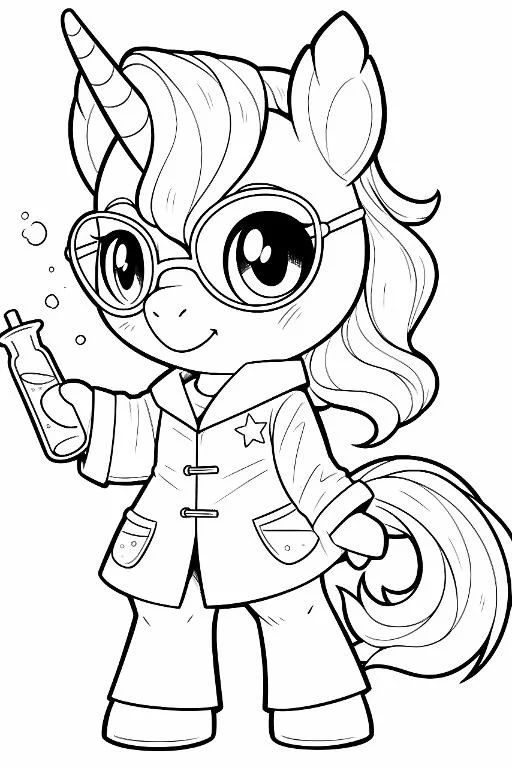Cartoon unicorn scientist in lab coat and round glasses, holding a test tube with liquid and bubbles — cartoon style — beginner-friendly — line art coloring page — for kids and adults of all ages