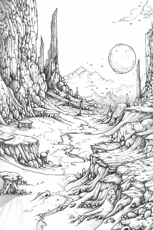 Fantasy canyon landscape with tall rock cliffs and winding river, fantasy art style — free printable canyon coloring book page