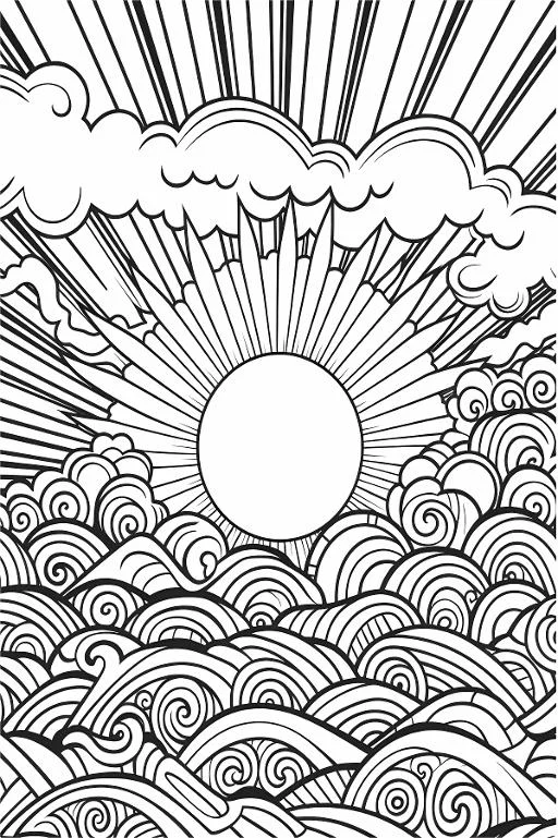 Sun with clouds and ocean wave patterns, japanese style — free printable sky coloring book page