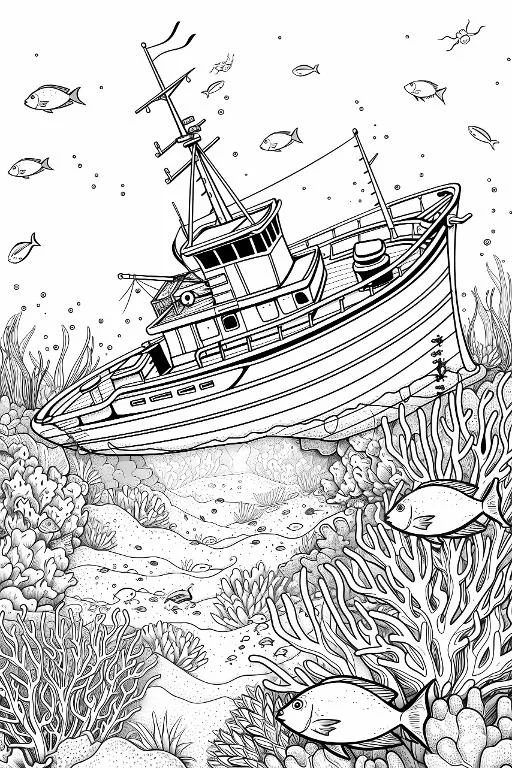 Sunken fishing boat on seabed, realistic line art — moderate detail — line art coloring page — for kids and adults of all ages