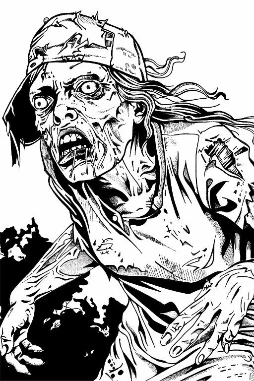 Horror zombie wearing a baseball cap, american comic style — free printable zombie coloring book page