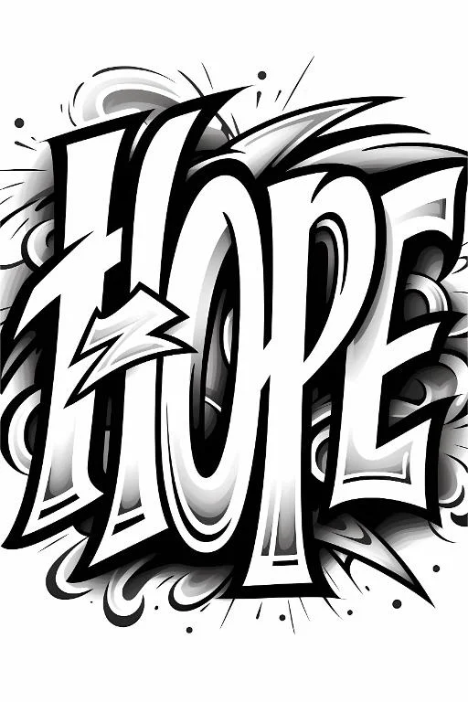 Graffiti-style lettering 'hope', bold flowing hand-drawn lines — free printable coloring page