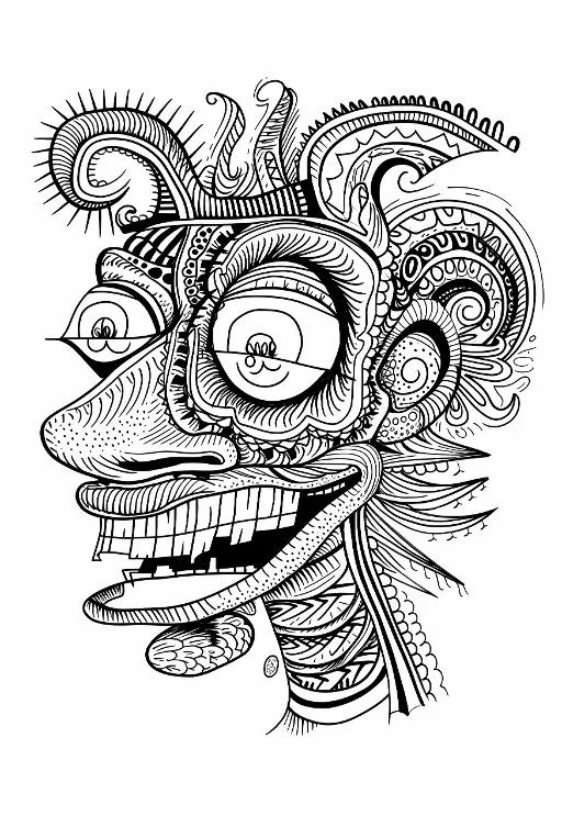 Tribal style fantasy monster mask, tribal art style — highly detailed — line art coloring page — for teens and adults