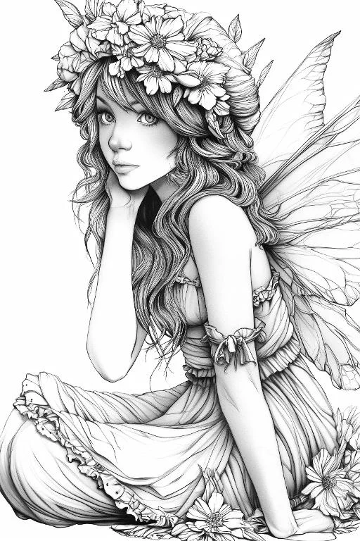 Fairy girl with flower wreath, fairy tale sketch style — free printable coloring page