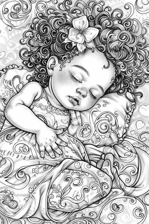 Sleeping curly-haired baby with flower hair clip, cartoon decorative art style — free printable sleep coloring book page