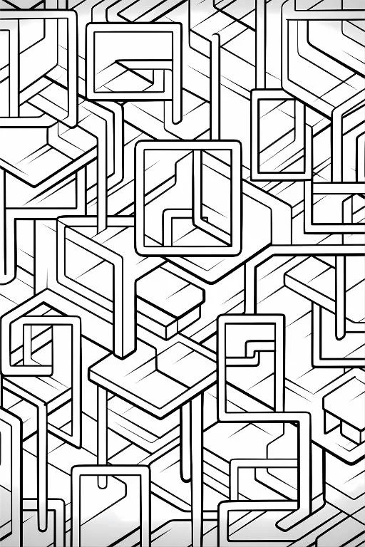 Interlocking 3d geometric block patterns, abstract style — free printable geometry coloring book page