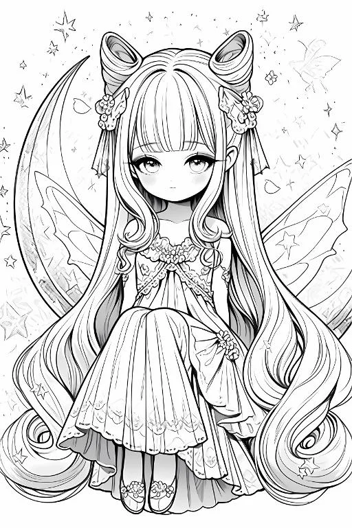 Cute long-haired fairy girl, cartoon anime kawaii style — free printable fairy coloring book page