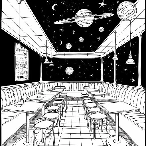 Space-themed retro diner interior, sci-fi and retro style — moderate detail — line art coloring page — for kids and adults of all ages
