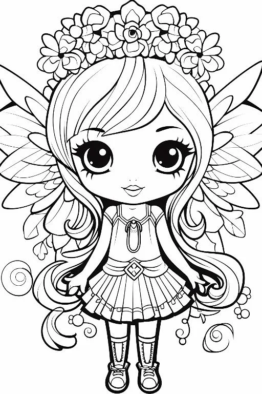 Cute cartoon flower elf girl with floral wreath and fairy wings, chibi style — cartoon style — moderate detail — line art coloring page — for kids and adults of all ages