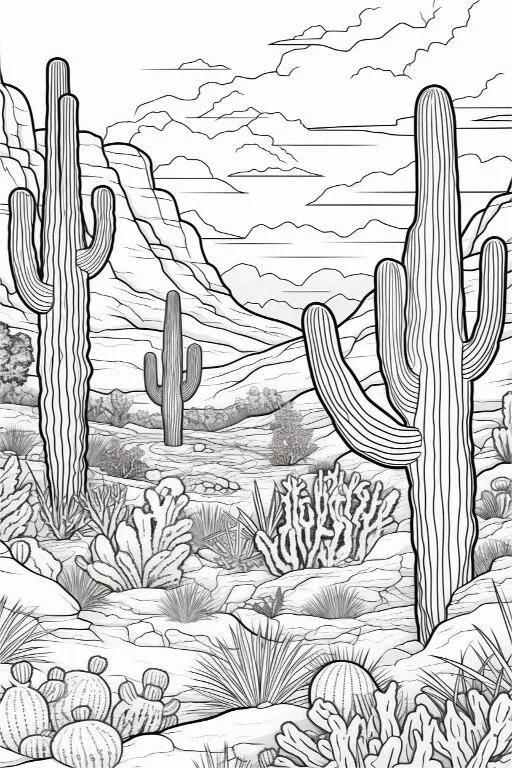 Desert cactus landscape, realistic sketch style — free printable coloring page