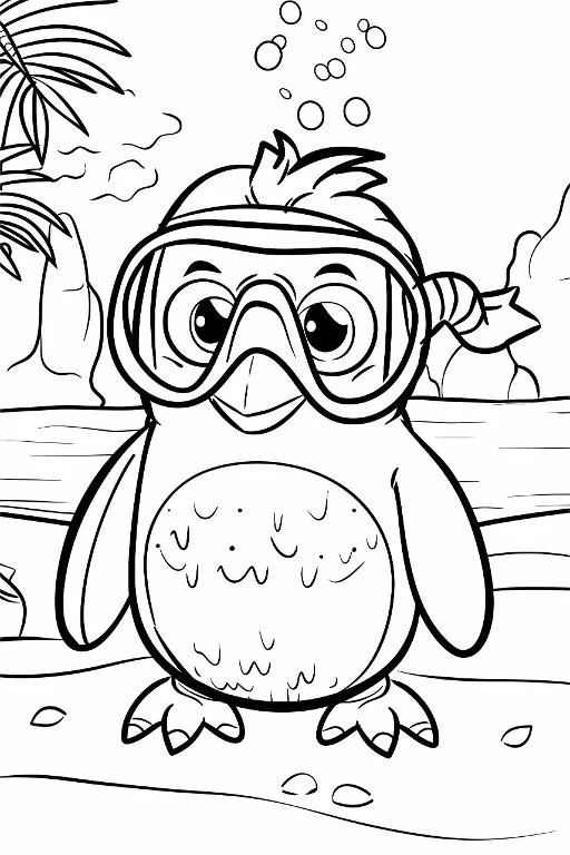 Cartoon penguin with diving goggles, cartoon style — cartoon style — beginner-friendly — line art coloring page — for toddlers and preschoolers