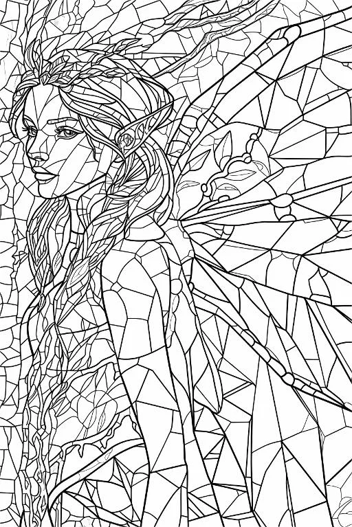 Mosaic-style elf with pointed ears and braided hair, fantasy art style — free printable coloring page