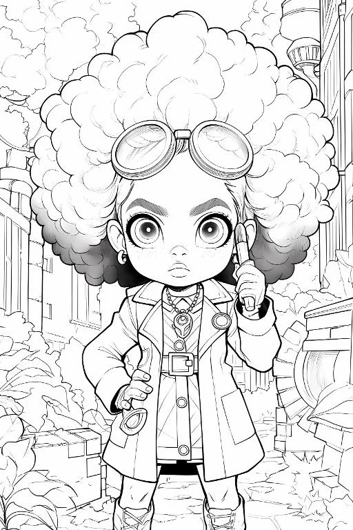 Cartoon little detective girl with afro hair and goggles, holding a magnifying glass — free printable detective coloring book page