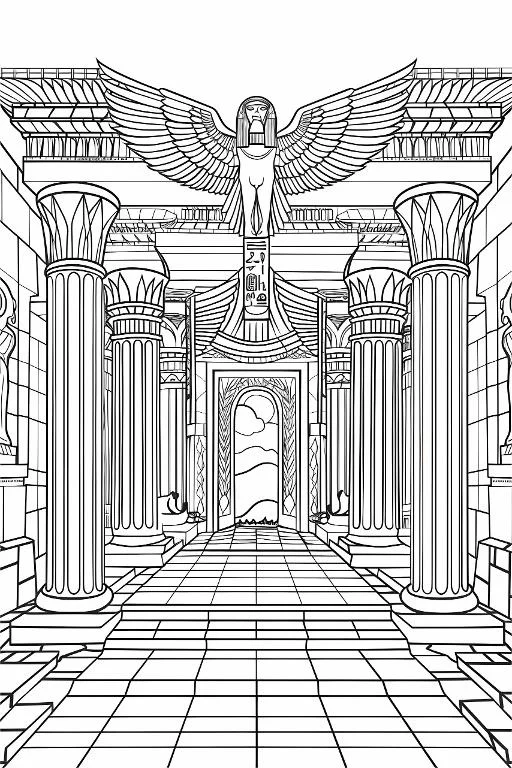Ancient egyptian temple corridor with winged falcon-headed deity, egyptian style architecture with detailed columns and hieroglyphs — free printable historical scene coloring book page