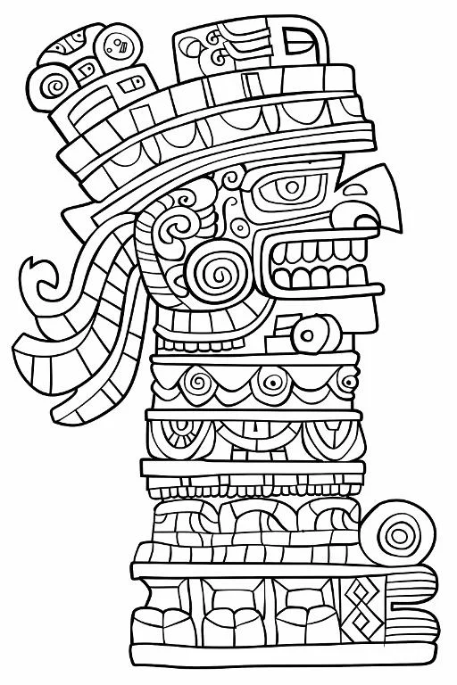 Mayan totem pole, mayan cultural style — highly detailed — line art coloring page — for kids and adults of all ages