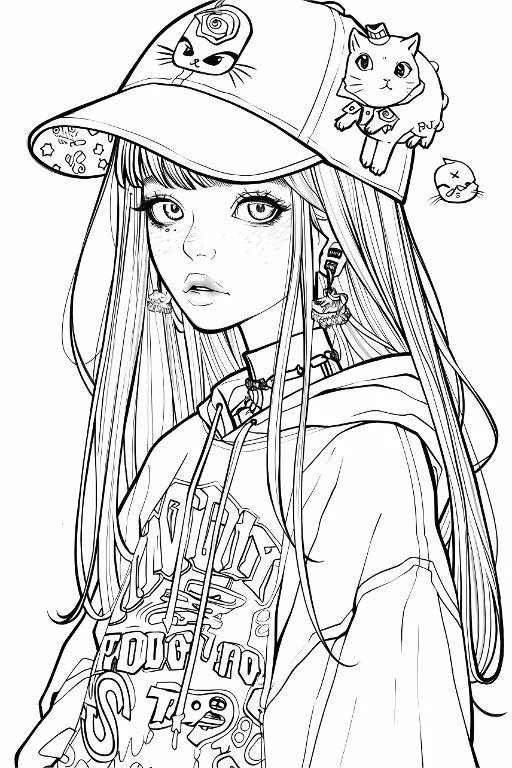 Trendy girl with long straight hair wearing cat-pattern baseball cap, cute cat on the cap — free printable trend coloring book page