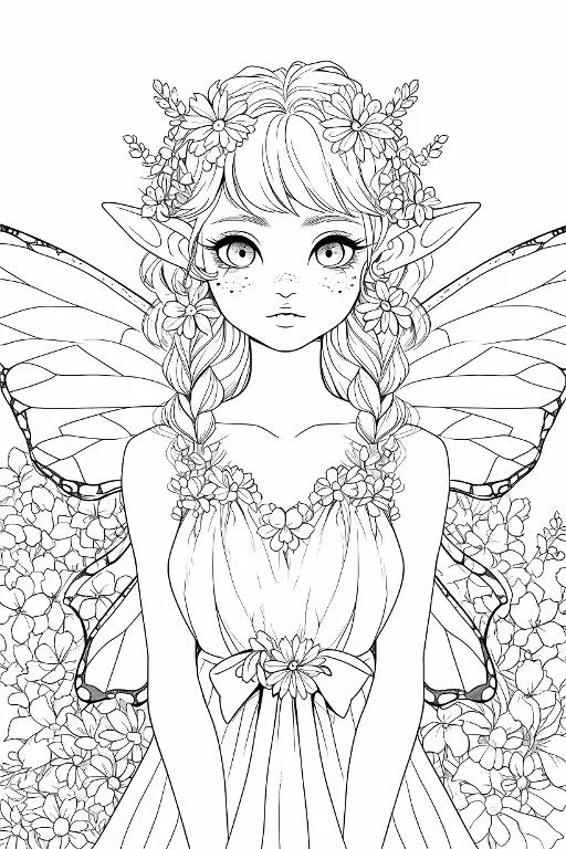 Fairy girl with flower wreath and twin braids, cartoon anime style — free printable coloring page