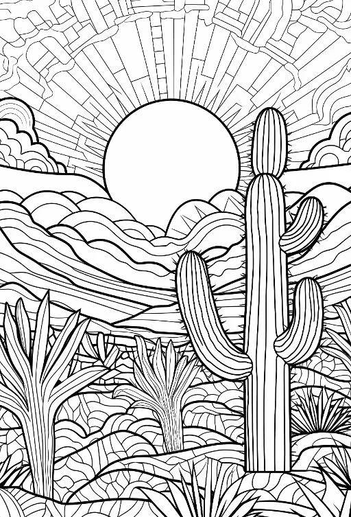 Desert cactus group, illustration style — moderate detail — line art coloring page — for kids and adults of all ages