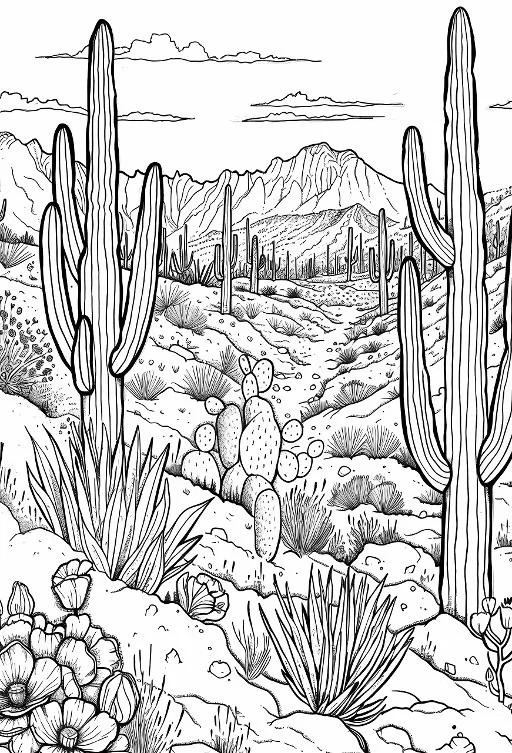 Desert cactus landscape with prickly pear, agave and desert flowers — free printable coloring page