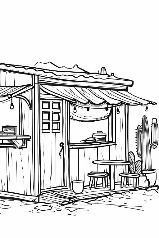 Desert country cabin, sketch style — free printable coloring page