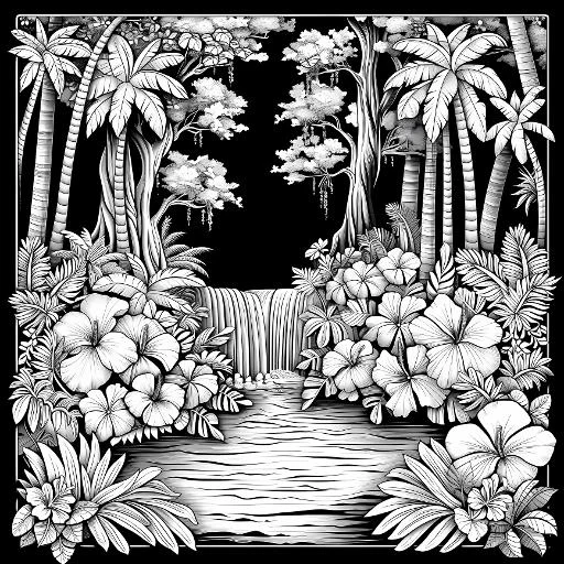 Tropical jungle waterfall landscape, realistic line art style — realistic style — highly detailed — line art coloring page — for kids and adults of all ages