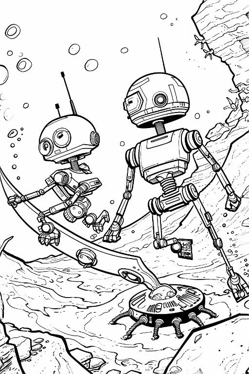 Two spherical-headed exploring robots, sci-fi cartoon style — cartoon style — moderate detail — line art coloring page — for kids and adults of all ages