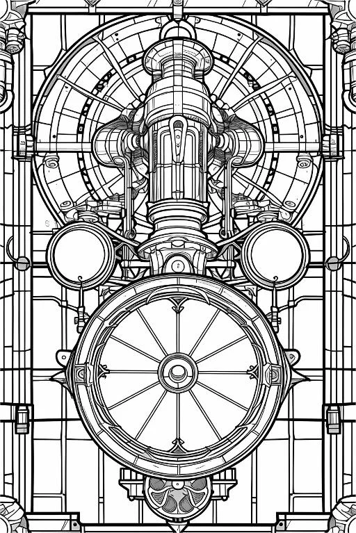 Steampunk mechanical device, steampunk style — highly detailed — line art coloring page — for teens and adults