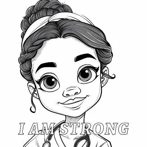 Cute cartoon nurse with stethoscope, bun hairstyle and white headband — free printable coloring page