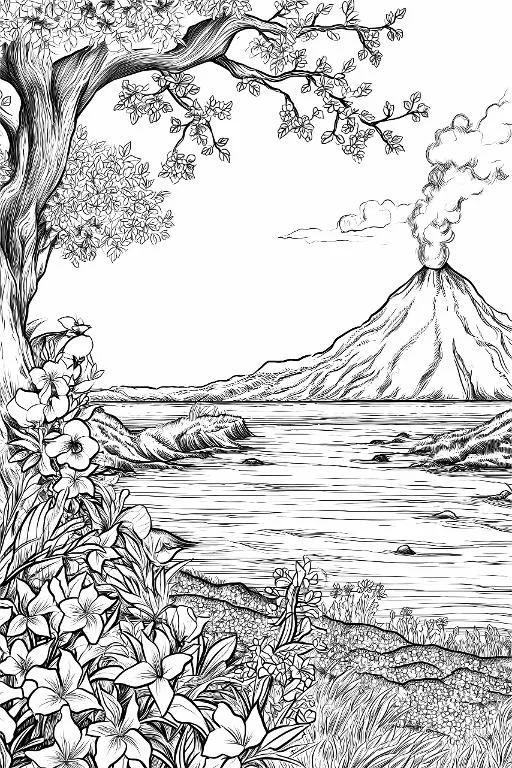 Lakeside volcano natural landscape, realistic sketch style — realistic style — moderate detail — line art coloring page — for kids and adults of all ages