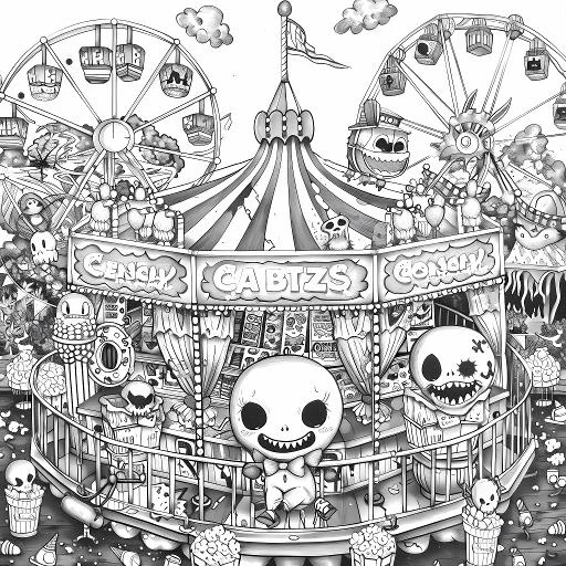 Creepy cartoon skull carnival, gothic dark cartoon style — free printable amusement park coloring book page