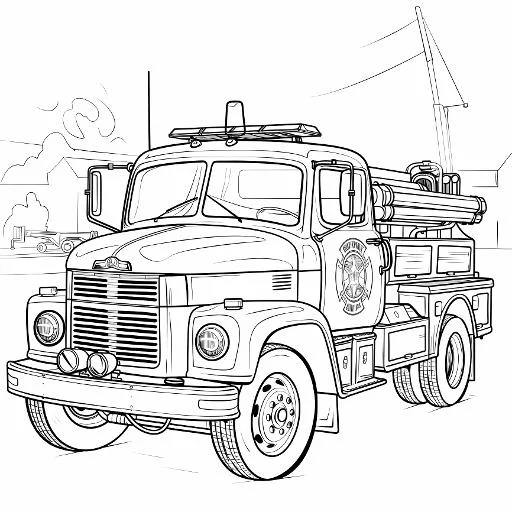 Vintage fire truck, sketch style — free printable firefighters coloring book page