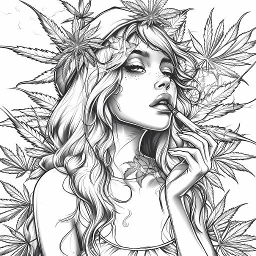 Girl surrounded by cannabis leaves smoking a cigarette, realistic sketch style — moderate detail — line art coloring page — for teens and adults