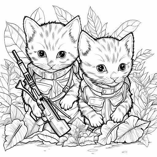 Anthropomorphic soldier cats with one holding a rifle, cartoon style — cartoon style — moderate detail — line art coloring page — for kids and adults of all ages