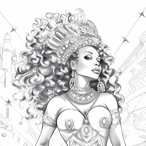 Glamorous carnival woman with ornate headdress and jewelry, cartoon latin american style — cartoon style — moderate detail — line art coloring page — for kids and adults of all ages