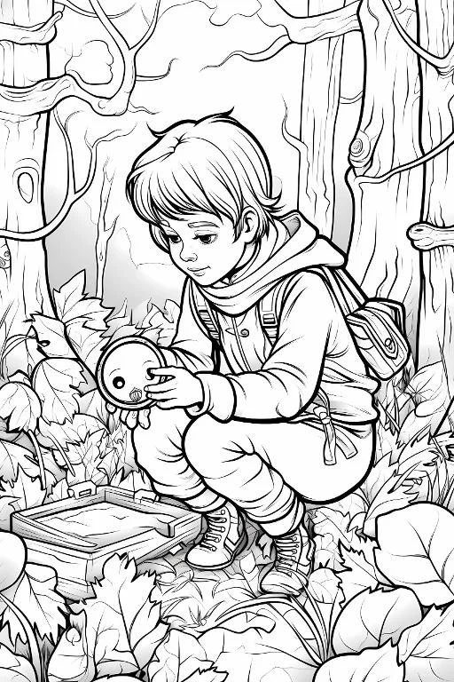 Little boy squatting in forest holding a small round doll, cartoon style — cartoon style — moderate detail — line art coloring page — for kids ages 3–12