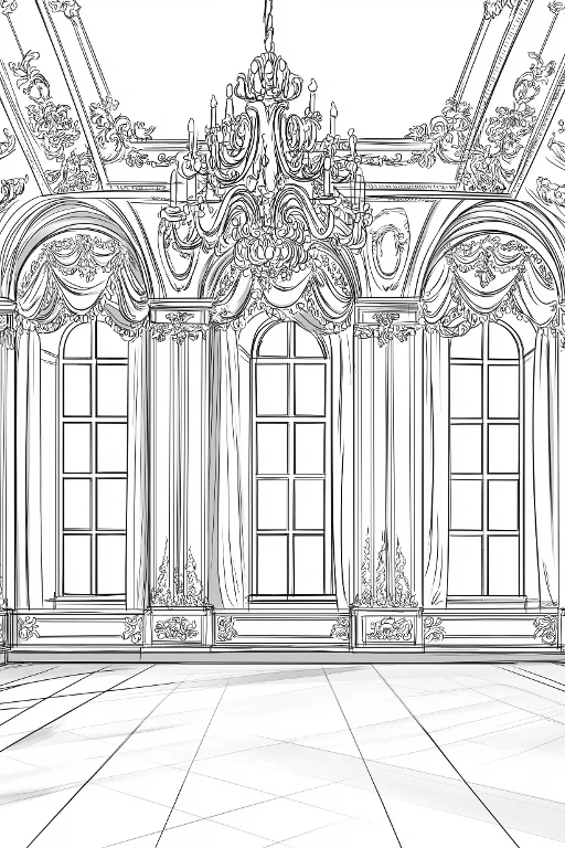 European classical palace interior scene, baroque style — free printable classical architecture coloring book page