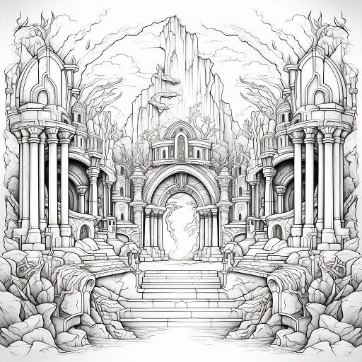 Fantasy medieval castle entrance, intricate fantasy medieval style — highly detailed — line art coloring page — for kids and adults of all ages