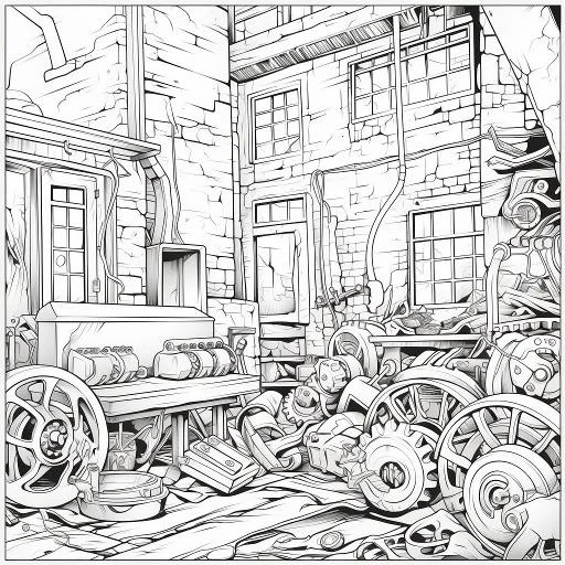 Workshop courtyard piled with mechanical parts and gears, realistic line art style — realistic style — highly detailed — line art coloring page — for kids and adults of all ages